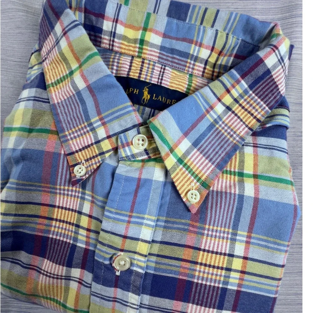 Polo Ralph Lauren Mens XL Plaid Button Down Shirt Blue Yellow Madras Oxford 709